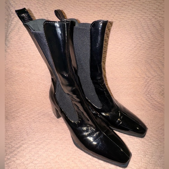 Zara stretch chunky heel boots  Patent leather style. Size 41= US 10 GUC - Picture 1 of 14